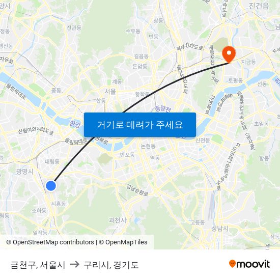 금천구, 서울시 to 구리시, 경기도 map