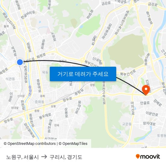 노원구, 서울시 to 구리시, 경기도 map