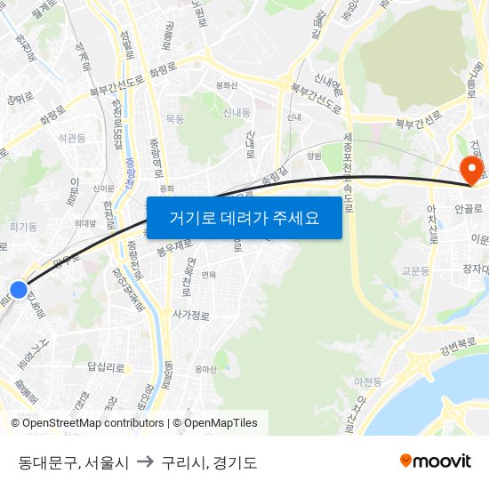 동대문구, 서울시 to 구리시, 경기도 map