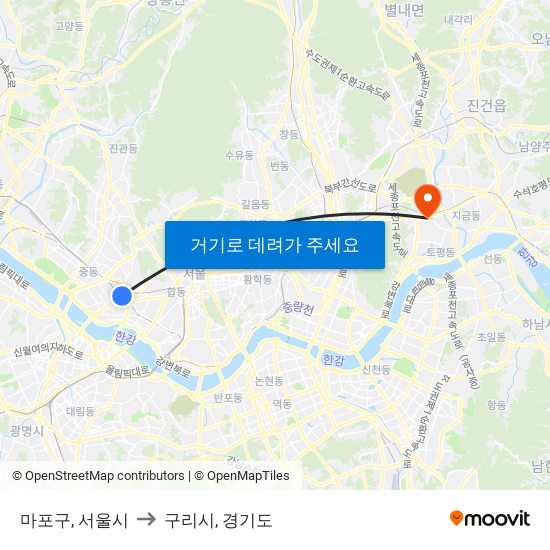 마포구, 서울시 to 구리시, 경기도 map