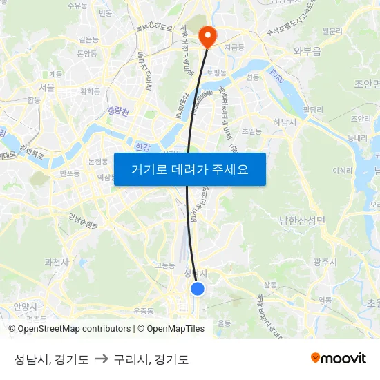 성남시, 경기도 to 구리시, 경기도 map