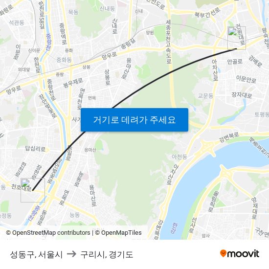 성동구, 서울시 to 구리시, 경기도 map