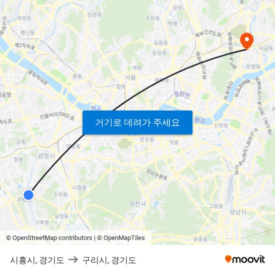 시흥시, 경기도 to 구리시, 경기도 map