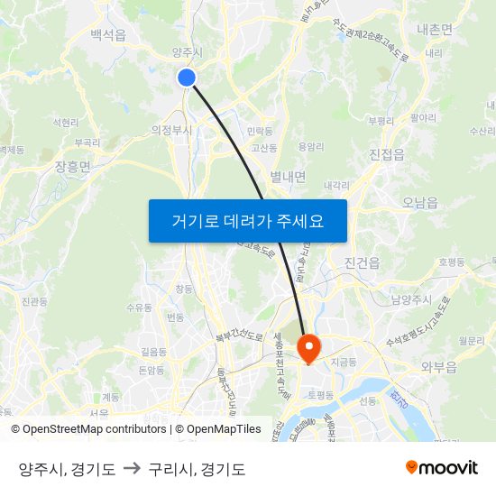 양주시, 경기도 to 구리시, 경기도 map