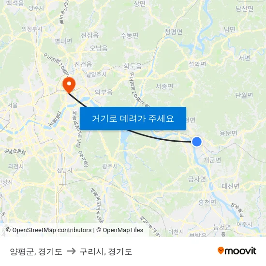 양평군, 경기도 to 구리시, 경기도 map