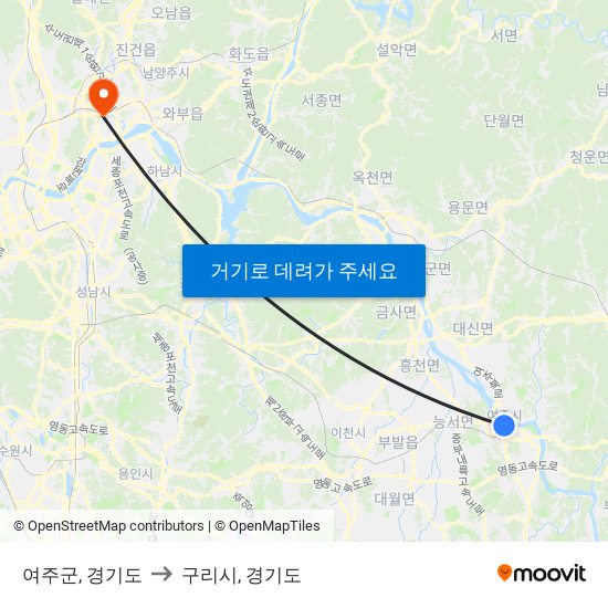 여주군, 경기도 to 구리시, 경기도 map