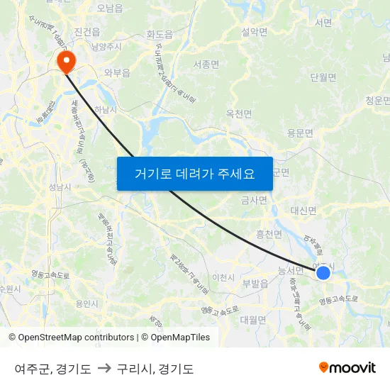 여주군, 경기도 to 구리시, 경기도 map
