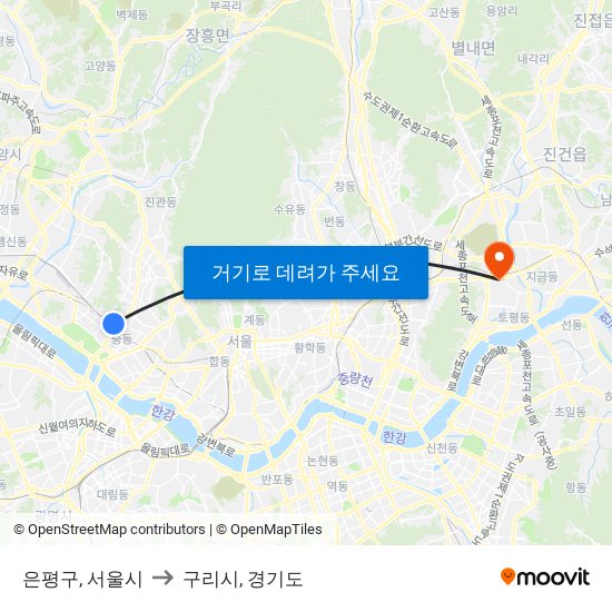 은평구, 서울시 to 구리시, 경기도 map
