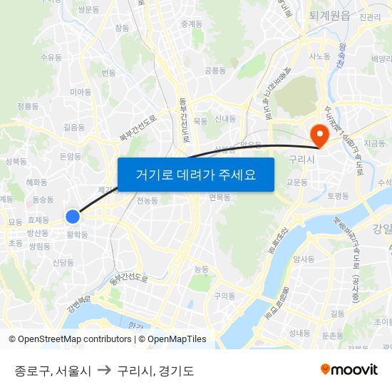 종로구, 서울시 to 구리시, 경기도 map