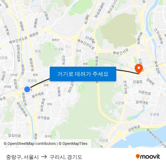 중랑구, 서울시 to 구리시, 경기도 map