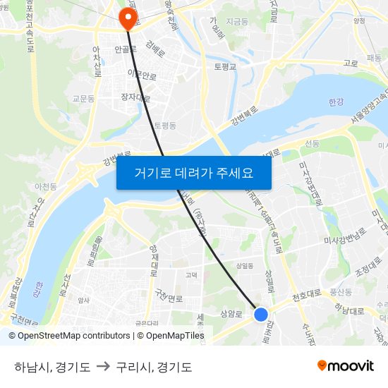 하남시, 경기도 to 구리시, 경기도 map