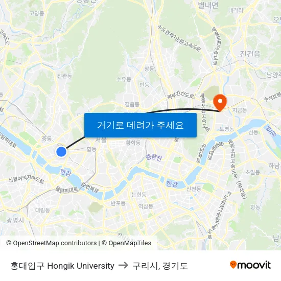 홍대입구 Hongik University to 구리시, 경기도 map