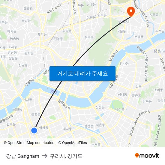강남 Gangnam to 구리시, 경기도 map