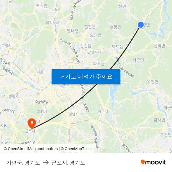 가평군, 경기도 to 군포시, 경기도 map