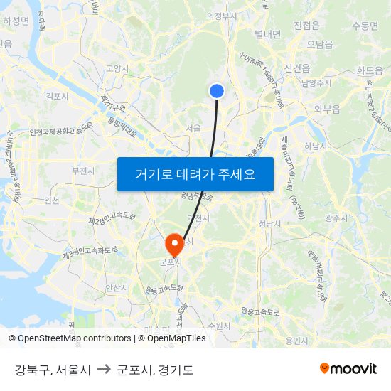 강북구, 서울시 to 군포시, 경기도 map