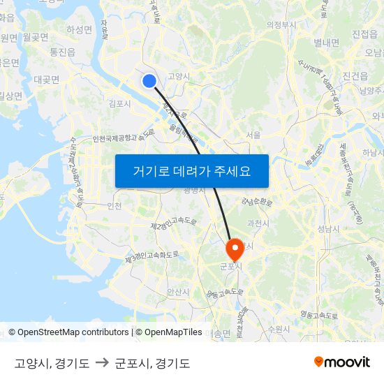 고양시, 경기도 to 군포시, 경기도 map