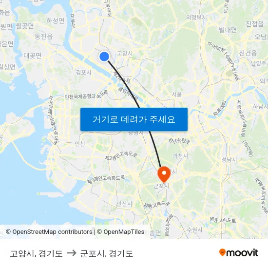 고양시, 경기도 to 군포시, 경기도 map