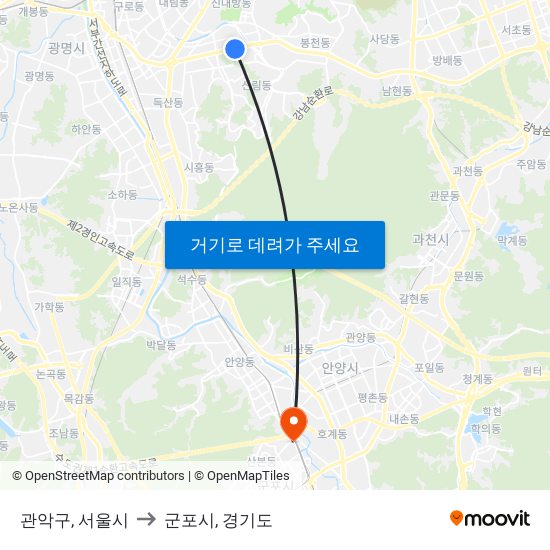 관악구, 서울시 to 군포시, 경기도 map