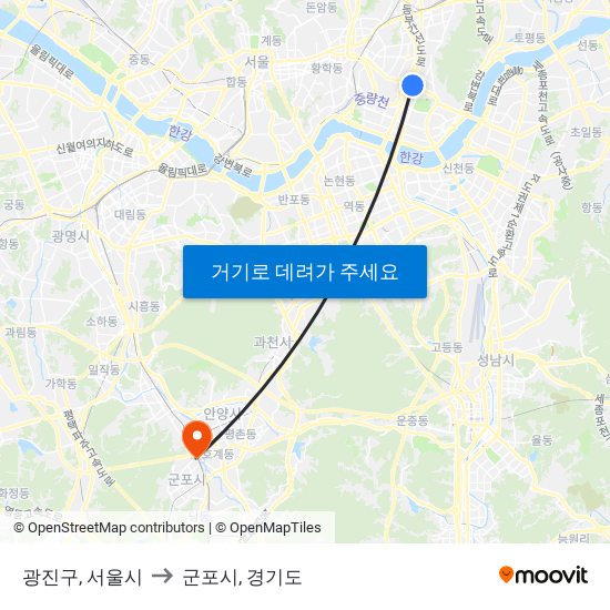 광진구, 서울시 to 군포시, 경기도 map