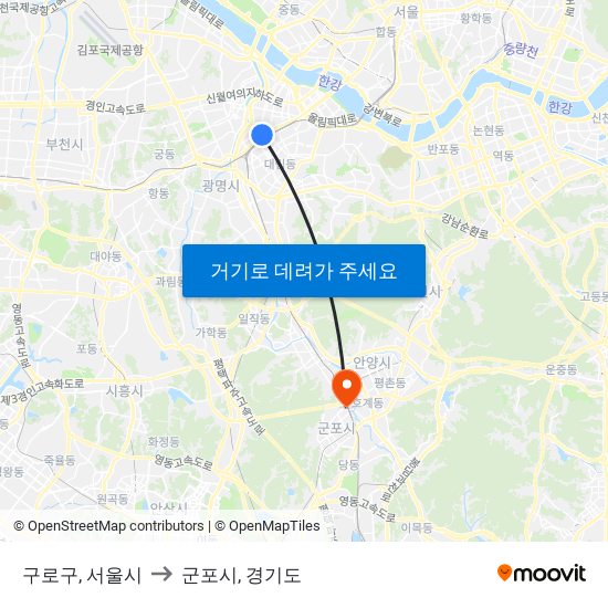 구로구, 서울시 to 군포시, 경기도 map