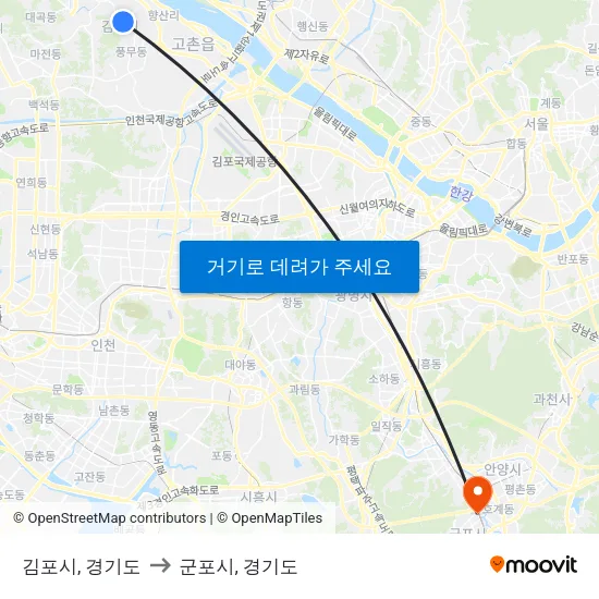 김포시, 경기도 to 군포시, 경기도 map
