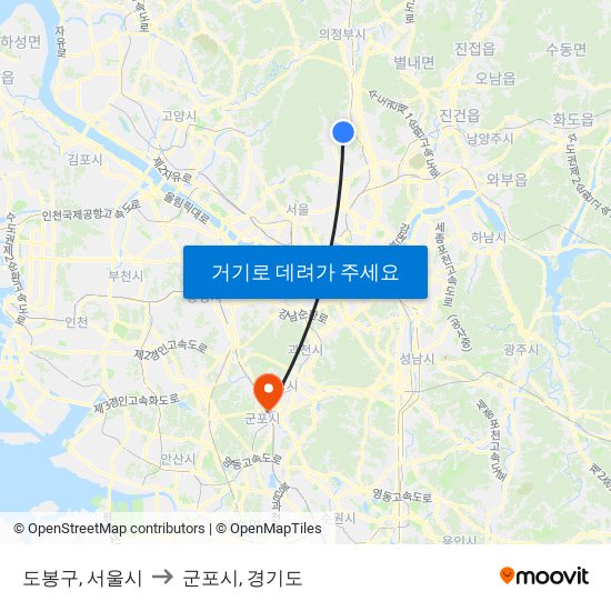 도봉구, 서울시 to 군포시, 경기도 map