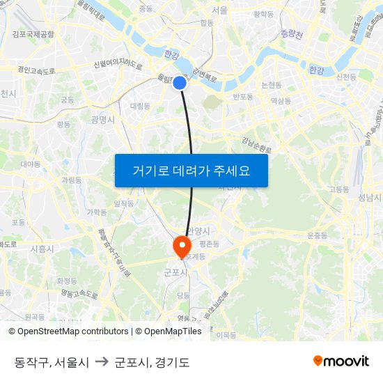 동작구, 서울시 to 군포시, 경기도 map