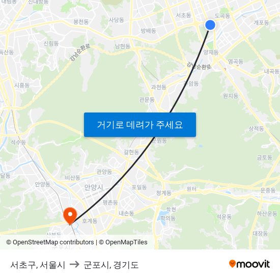 서초구, 서울시 to 군포시, 경기도 map