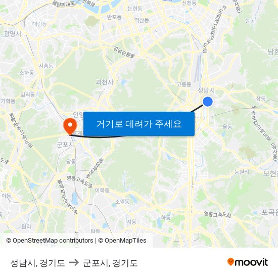 성남시, 경기도 to 군포시, 경기도 map