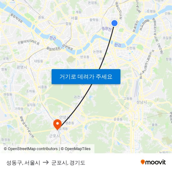 성동구, 서울시 to 군포시, 경기도 map