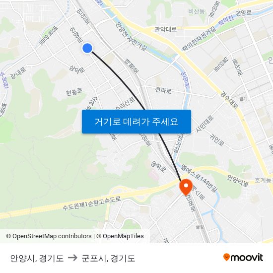 안양시, 경기도 to 군포시, 경기도 map