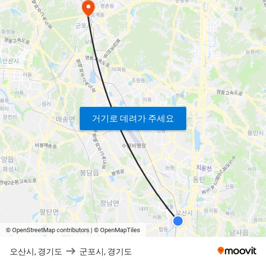 오산시, 경기도 to 군포시, 경기도 map