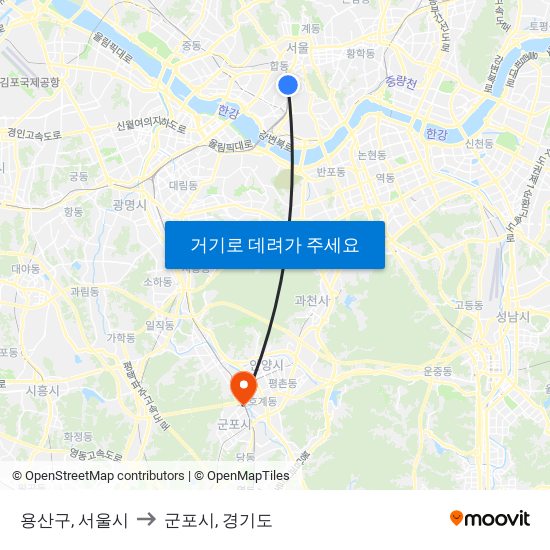 용산구, 서울시 to 군포시, 경기도 map