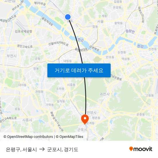 은평구, 서울시 to 군포시, 경기도 map