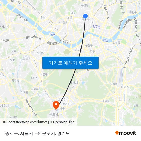 종로구, 서울시 to 군포시, 경기도 map