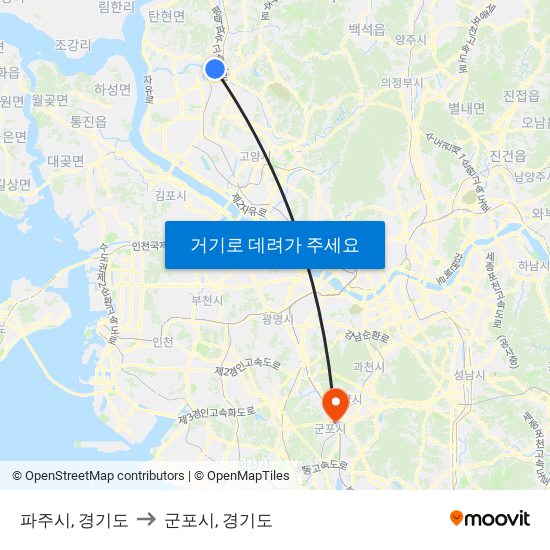 파주시, 경기도 to 군포시, 경기도 map