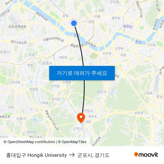 홍대입구 Hongik University to 군포시, 경기도 map