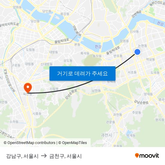 강남구, 서울시 to 금천구, 서울시 map