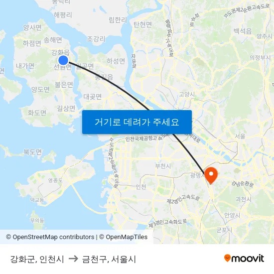 강화군, 인천시 to 금천구, 서울시 map