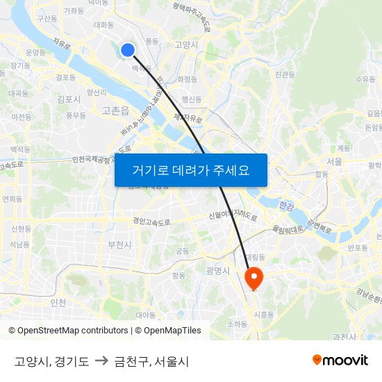 고양시, 경기도 to 금천구, 서울시 map