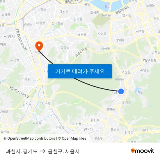 과천시, 경기도 to 금천구, 서울시 map