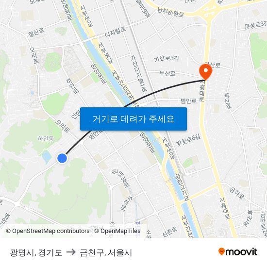 광명시, 경기도 to 금천구, 서울시 map