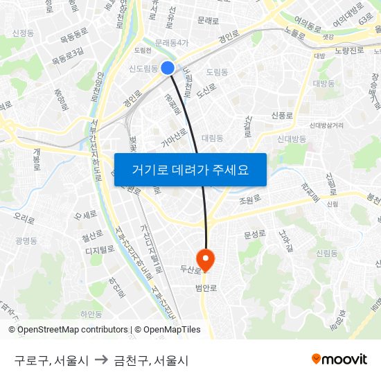 구로구, 서울시 to 금천구, 서울시 map