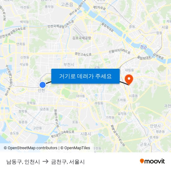 남동구, 인천시 to 금천구, 서울시 map