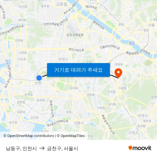 남동구, 인천시 to 금천구, 서울시 map