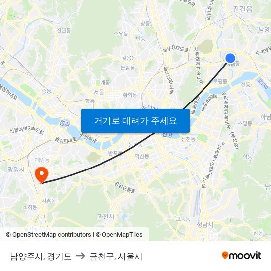 남양주시, 경기도 to 금천구, 서울시 map