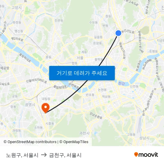 노원구, 서울시 to 금천구, 서울시 map