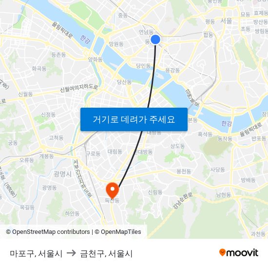 마포구, 서울시 to 금천구, 서울시 map