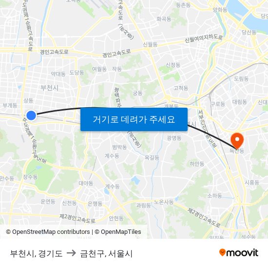 부천시, 경기도 to 금천구, 서울시 map