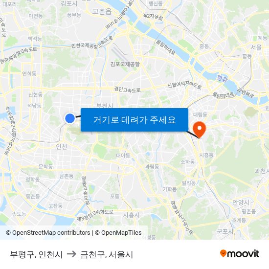 부평구, 인천시 to 금천구, 서울시 map